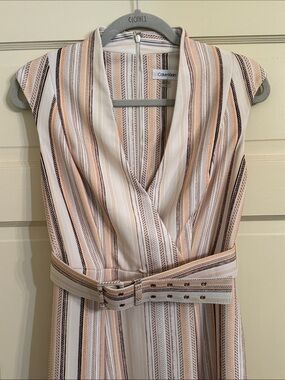 Calvin Klein Sleeveless Midi Wrap Dress in Peach, White & Black Stripe